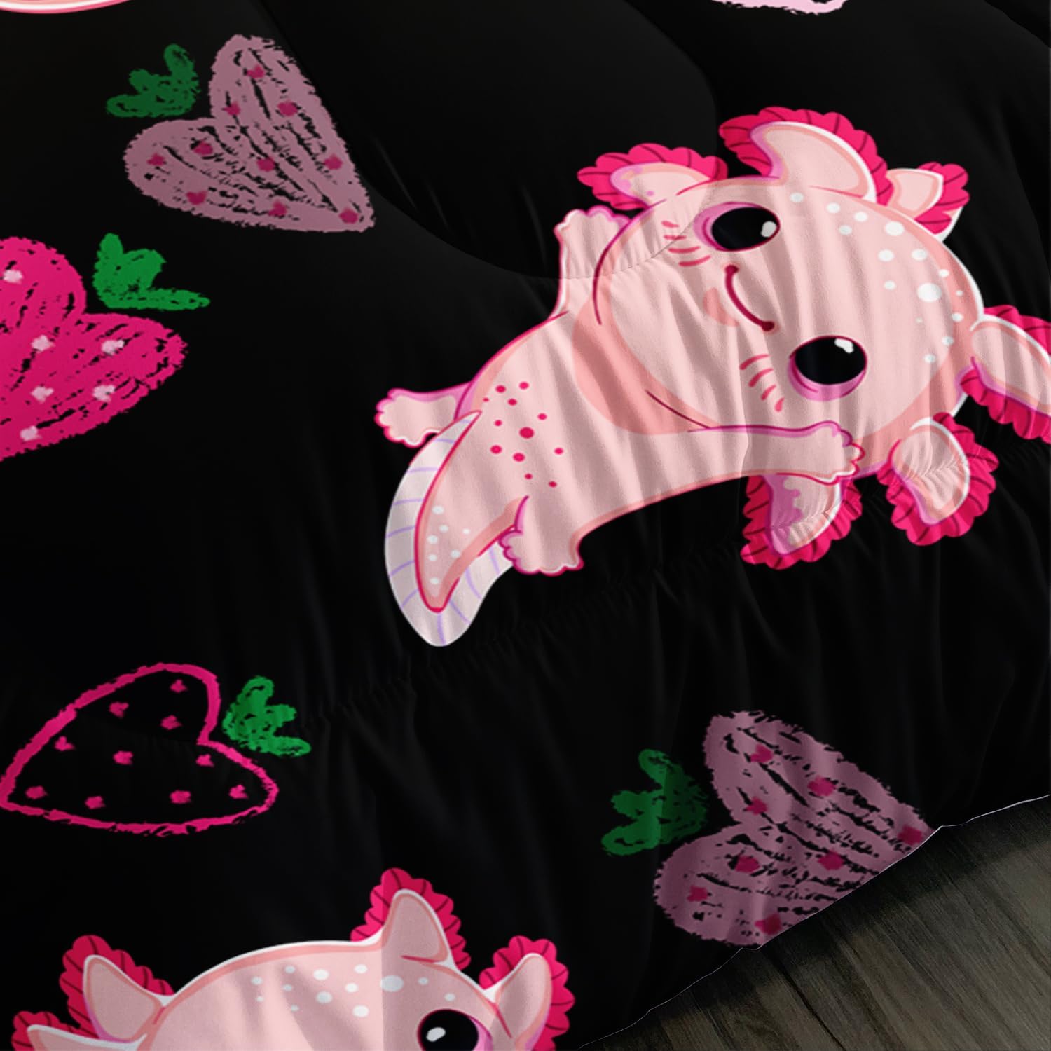 Cute Axolotl Bedding Set Twin Size,Pink Axolotl Strawberry Printed Comforter Sets Aesthetic Bedding for Kids Girls,Beach Coastal Animal Themed Comforter Sets with 2 Pillowcases.